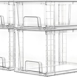 Vtopmart 4 Pack Clear Stackable Storage Drawers,Easy to Assemble Bathroom Organizers and Storage with handles,Plastic Drawers for Kitchen Pantry,Cabinet,Under Sink Organization