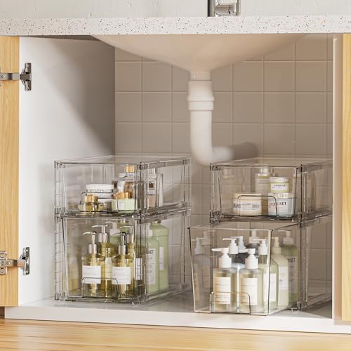 Vtopmart 4 Pack Clear Stackable Storage Drawers,Easy to Assemble Bathroom Organizers and Storage with handles,Plastic Drawers for Kitchen Pantry,Cabinet,Under Sink Organization - Image 3